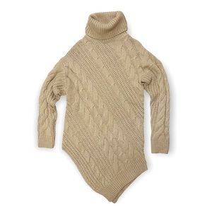 Listicle Cozy Tan Asymmetrical Cable Knit Turtle Neck Tunic Sweater SZ S…